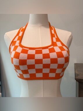 Princess Polly Orange & White Checkerboard Halter Crop Top